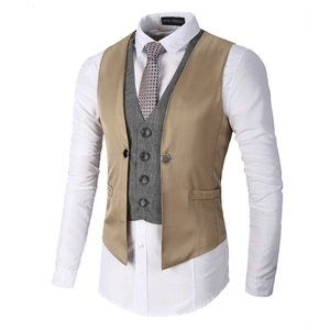 Formal khaki and grey plaid layered vest suit set for men with shirt and polka dot tie