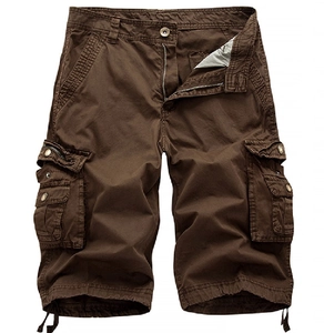 Detailed front view of men's dark brown cargo shorts with utility flap pockets