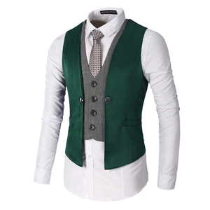 Men's business casual dark green and grey plaid double-layer suit vest set with necktie