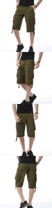 Detailed views of army green multi-pocket cargo shorts with adjustable drawstring hems