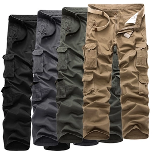 Men's multi-pocket cargo pants in black, grey, green, and khaki with tactical belts