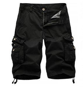 Men's black cargo shorts with multi-pocket design and adjustable drawstring hem