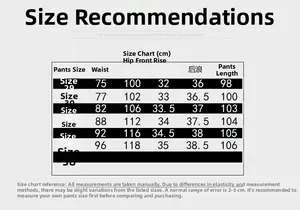 Detailed size chart for men elastic cargo pants including waist and hip measurements