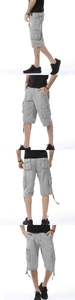 Detailed views of grey cargo shorts with multiple pockets and drawstring waist detail