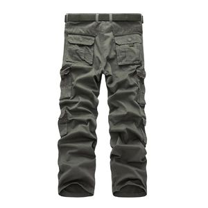 Men's outdoor cargo pants in dark green with functional pockets and woven belt