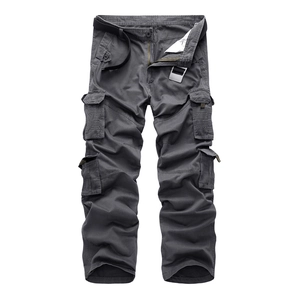 Men's dark grey cargo pants with multiple flap pockets and a black nylon belt