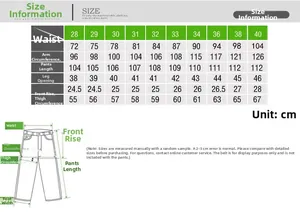 Detailed size guide for men's cargo pants showing waist, hip, and length measurements