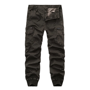 Men's dark khaki cargo pants with elastic drawstring waist and tactical side pockets