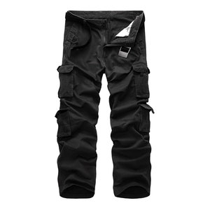 Men's black cargo pants with multiple pockets and nylon belt in a flat lay view