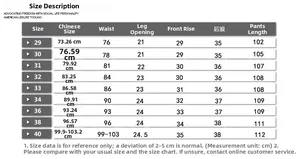 Detailed size chart for men cargo pants including waist and length measurements in cm