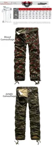 Size chart detail for men's camouflage cargo pants showing measurements 28 to 40
