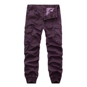 Men's dark purple elastic waist cargo pants with multiple pockets and ribbed cuffs