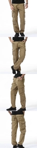 Detailed four-way view showing khaki cargo pants with multiple pockets and straight-leg cut