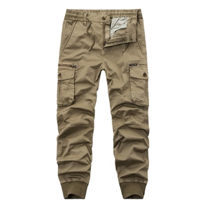 Men's dark khaki cargo pants with elastic drawstring waist and ribbed cuffs for casual wear