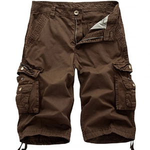 Men's dark brown cargo shorts with functional pockets and heavy cotton twill texture
