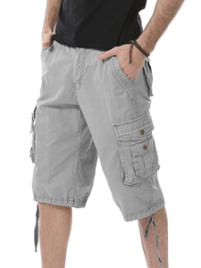 Men's loose cargo shorts in light grey featuring multiple pockets and adjustable drawstrings