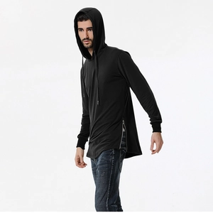 Sweat à capuche long noir pour homme avec fermetures éclair latérales et cordon serrage