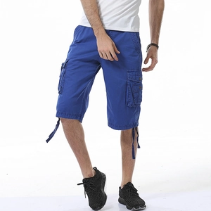 Royal blue men's cargo shorts with functional side pockets and adjustable drawstring leg