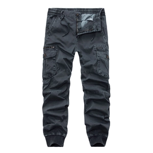 Men's dark grey cargo joggers with multi-pockets, drawstring waist and cuffed legs