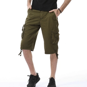Men's olive green cargo shorts with multi-pockets and adjustable drawstring hems