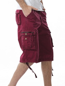 Men's loose cargo shorts in burgundy cotton with multi-pockets and drawstring hem