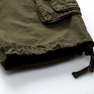 Men's army green cargo shorts with adjustable drawstring hem and heavy canvas texture