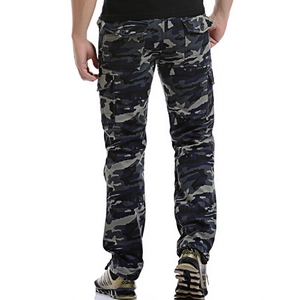 Detail of urban camouflage cargo pants featuring button-flap back pockets and durable fabric