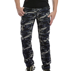 Detailed close-up of men's camouflage cargo pants with durable multi-pocket design