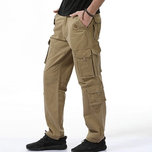 Men's khaki multi-pocket cargo pants in a relaxed straight-leg fit for outdoor wear