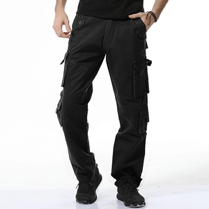 Men's casual black multi-pocket cargo pants in a stylish loose outdoor fit
