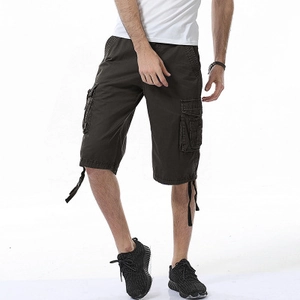 Men's loose cargo shorts in dark brown with multi-pocket design and drawstring cuffs