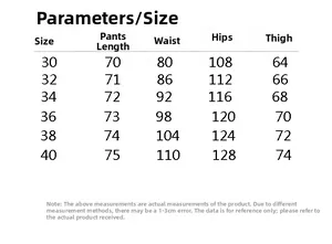 Detailed size chart for cargo shorts including waist and hip measurements from size 30 to 40