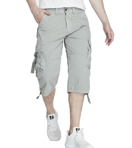 Men's loose fit light grey cargo capri pants with multiple pockets and drawstring hems