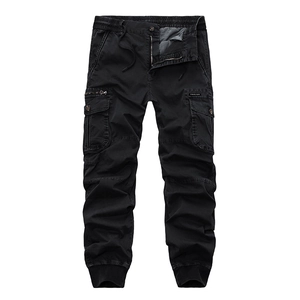 Men's black cargo joggers with elastic drawstring waist and side utility pockets