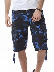 Men's blue camouflage cargo shorts with multi-pockets and drawstring leg cuffs