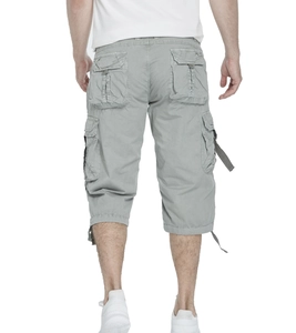 Men's loose cargo shorts in grey-green with multiple pockets and functional drawstrings