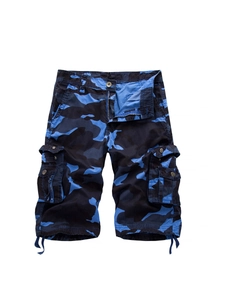 Men's blue camouflage cargo shorts with multi-pockets and adjustable drawstring hem