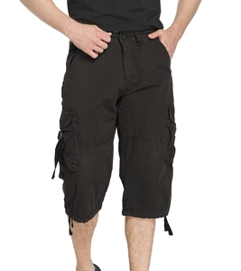 Detail view of black cargo shorts featuring multiple flap pockets and adjustable drawstring hems