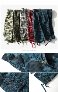 Detail view showing multi-pocket camouflage cargo shorts in diverse colors and durable fabric