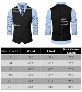 Size chart table for men's dress vest showing waist, chest, and length measurements