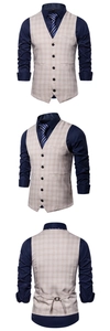 Detailed front and back view of men's slim fit plaid vest with navy shirt and tie