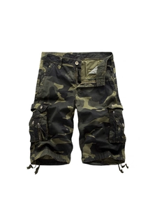 Men's camouflage cargo shorts with multiple pockets and drawstring hems on white background