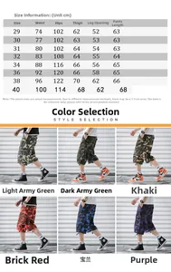 Tableau des tailles détaillé pour shorts cargo hommes avec mesures de taille et hanches