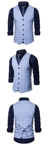 Detail of light blue plaid vest with navy shirt and tie showing front and back views
