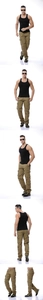 Detailed views of men's khaki cargo pants featuring multiple utility pockets and loose fit