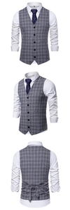 Three-way view of grey plaid suit vest featuring five buttons and adjustable back strap