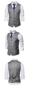 Three-way view of men's slim fit vest showing V-neck, 5-button front and adjustable back strap