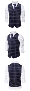 Detail view of navy windowpane check suit vest with five-button front and adjustable back strap