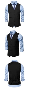 Detailed front and back views of a slim fit black single-breasted business vest for men
