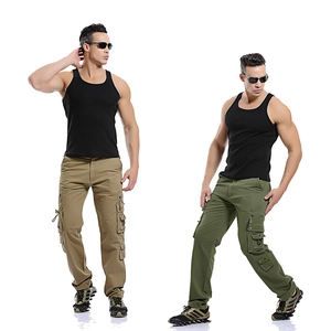 Pantalon cargo décontracté pour hommes avec poches multiples en kaki et vert armée pour plein air